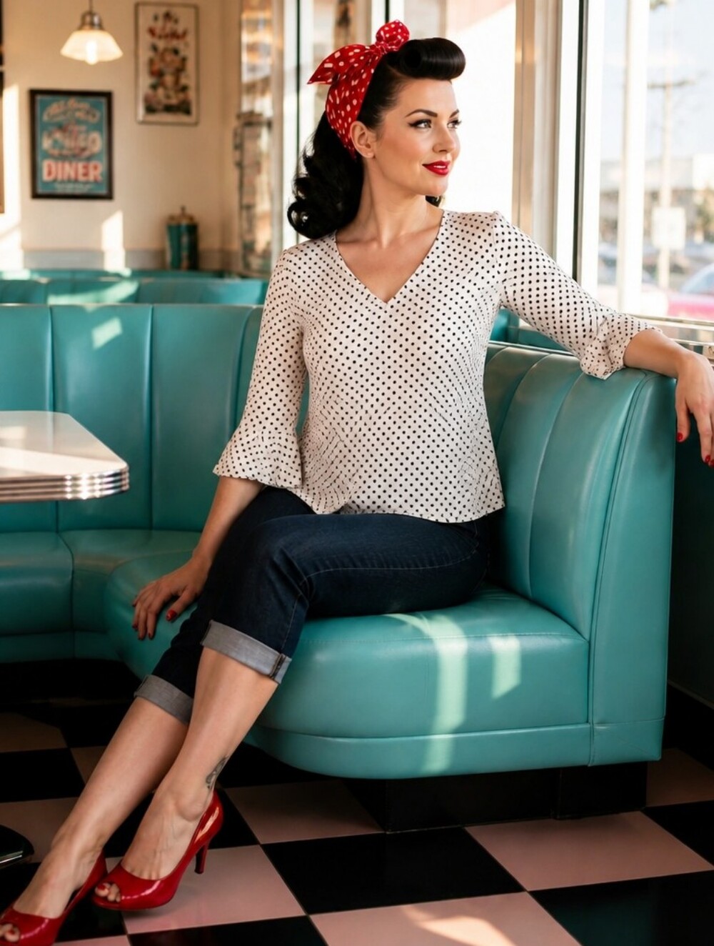 V-Neck Long-Sleeve Polka Dot Blouse - Cream/Black